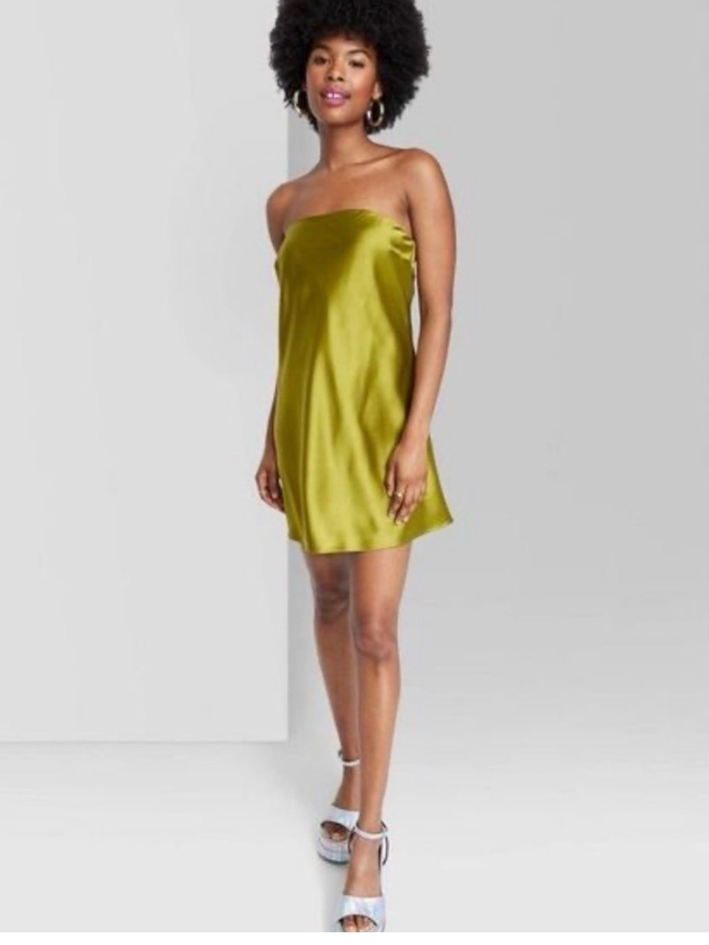 Wild Fable Strapless Satin Mini Dress in Olive Green